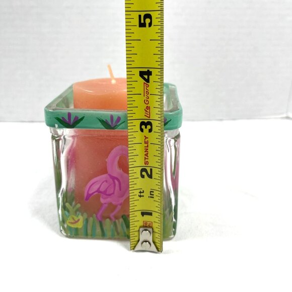 Pink Flamingo Tropical Votive Tea Candle Holder Square Glass Heavy Hand Painted - Picture 6 of 7